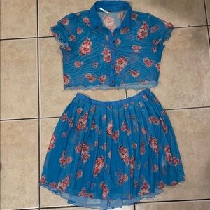 FREE PEOPLE Mesh Floral Blue Two-Piece Set size M